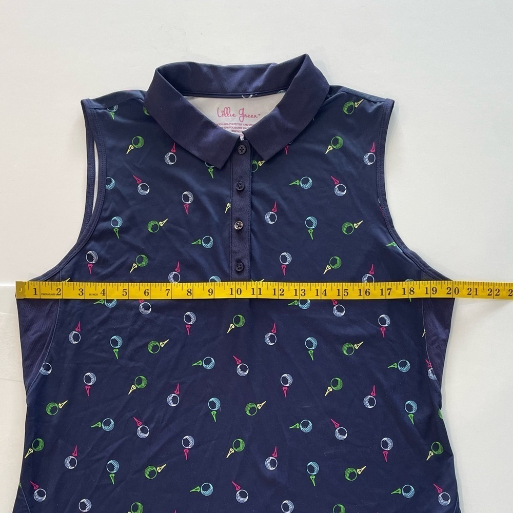 Lillie Green Polo Shirt Size Lg Blue Geometric Sleeveless Golf Vented Underarm - Picture 2 of 7